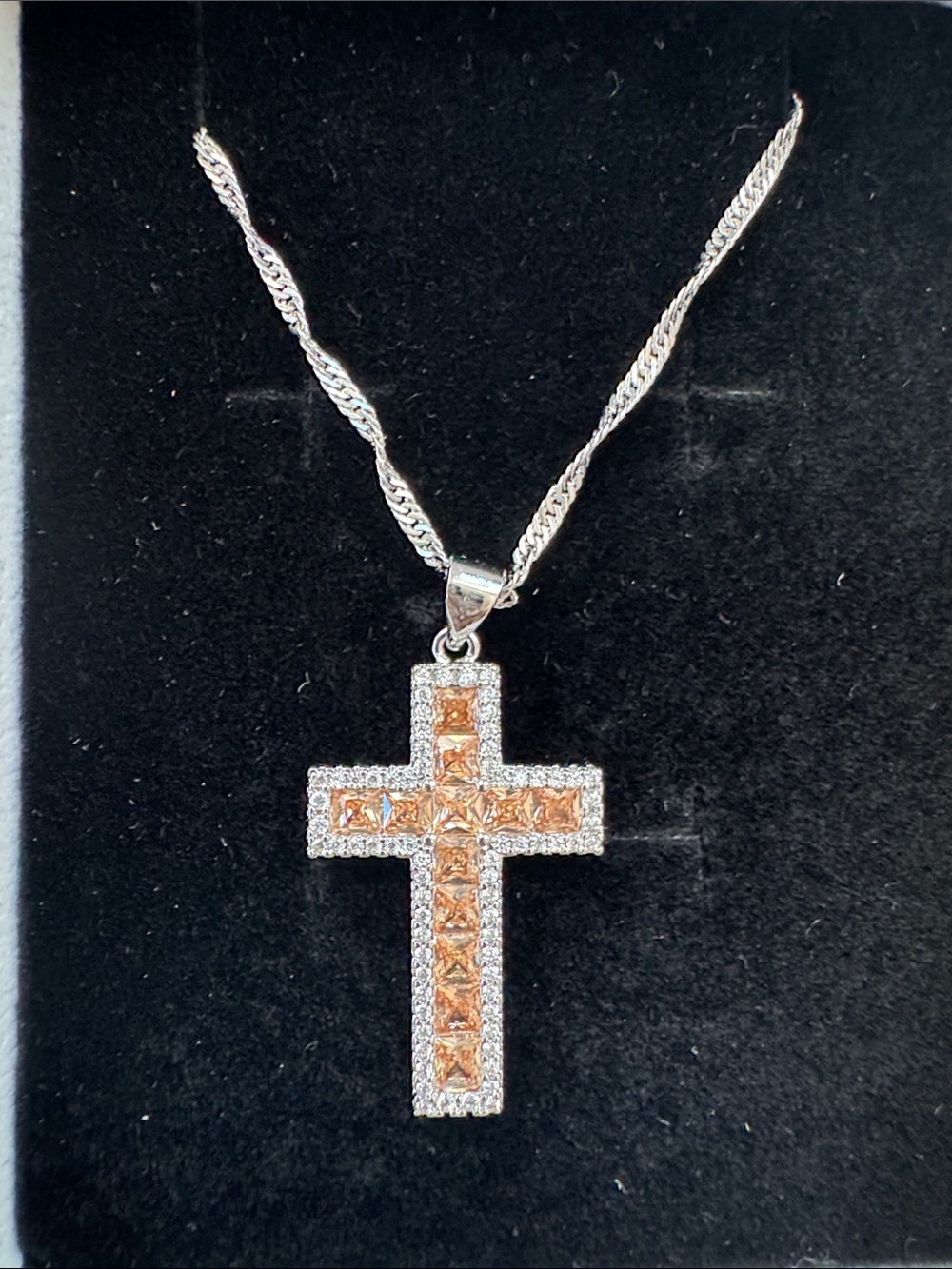 Silver Cross champagne stones, Pendant Necklace - Women Jewelry stainless steel